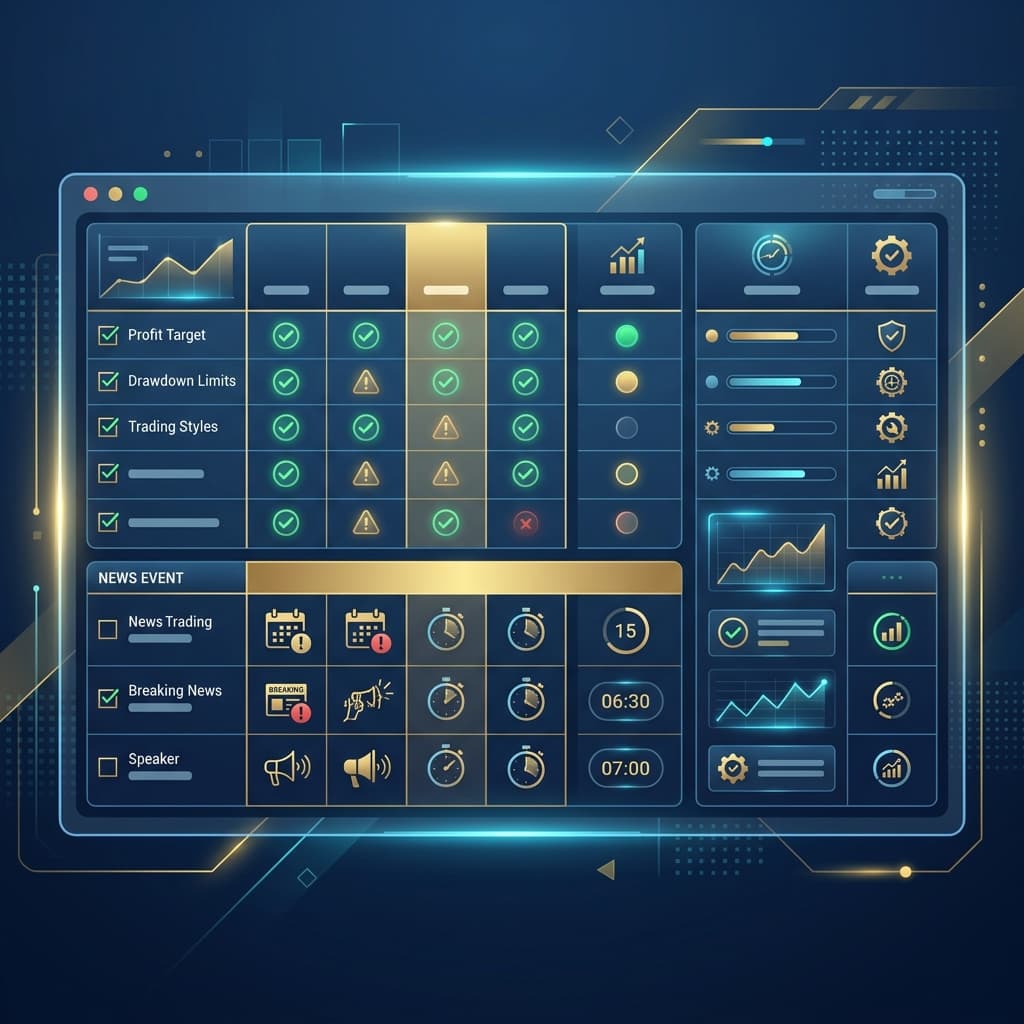 Prop Firm Rule Matrix 2026: News Trading, Consistency, and Drawdown Rules Compared