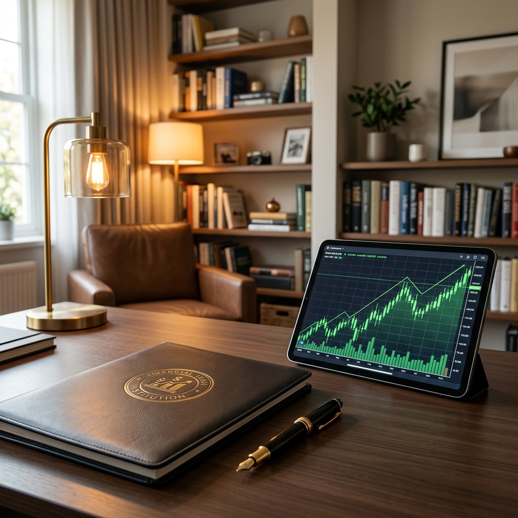 A high-end home study desk showing an LLC & Solo 401(k) portfolio folder next to a gold-accented pen and a digital tablet displaying a rising stock chart.