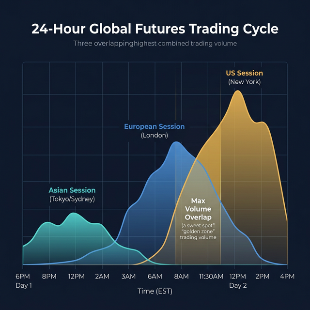 24-Hour Global Futures Trading Cycle showing Asian, European, and US session volume curves and their overlaps