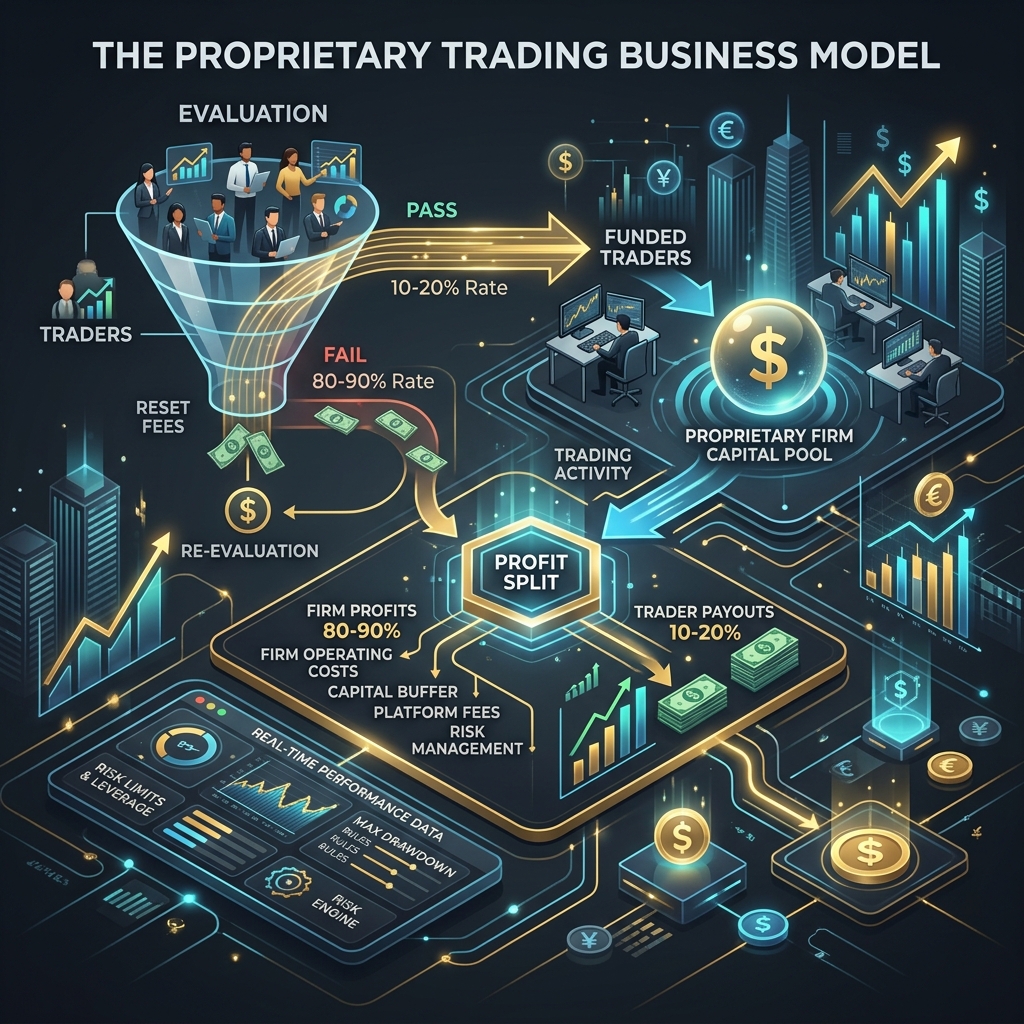 Diagram showing the proprietary trading firm business model and revenue funnel