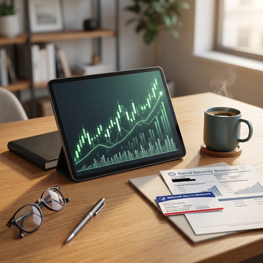 A digital tablet displaying a rising financial chart next to a Social Security statement and Medicare card.