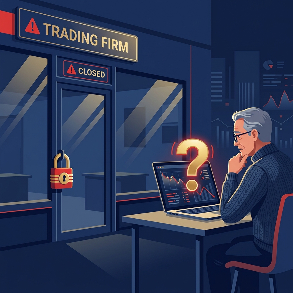 Closed trading firm door with a worried retiree trader looking at their laptop