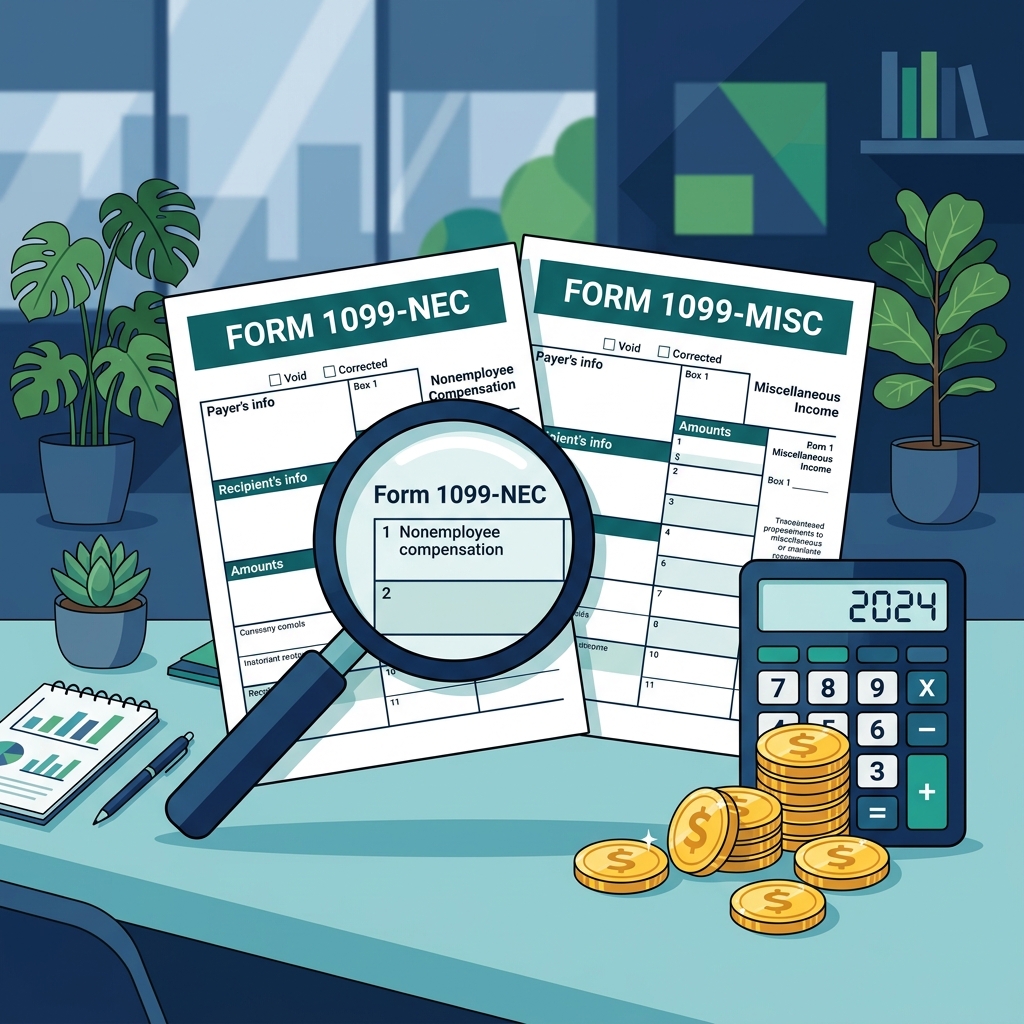 Form 1099-NEC and Form 1099-MISC tax forms evaluated with a magnifying glass