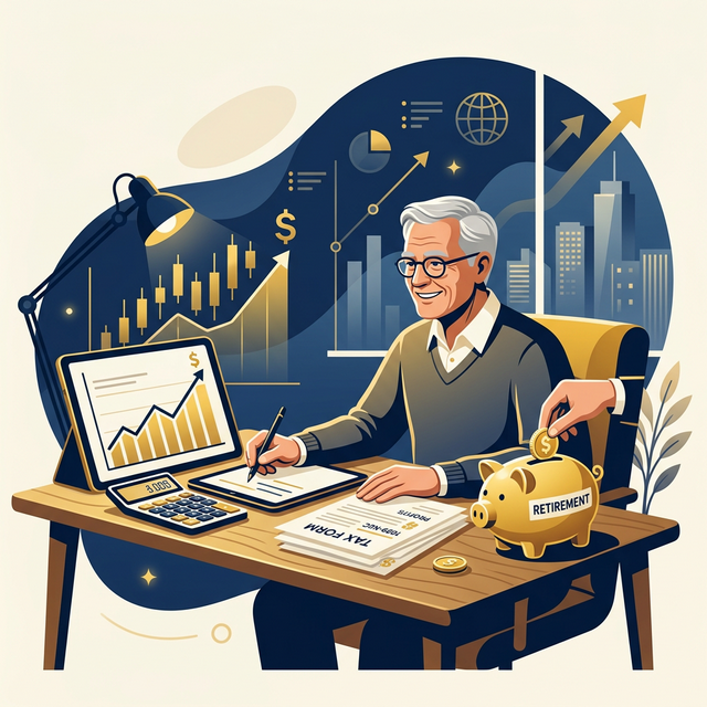 A retiree managing tax documents and a golden piggy bank alongside upward financial charts.