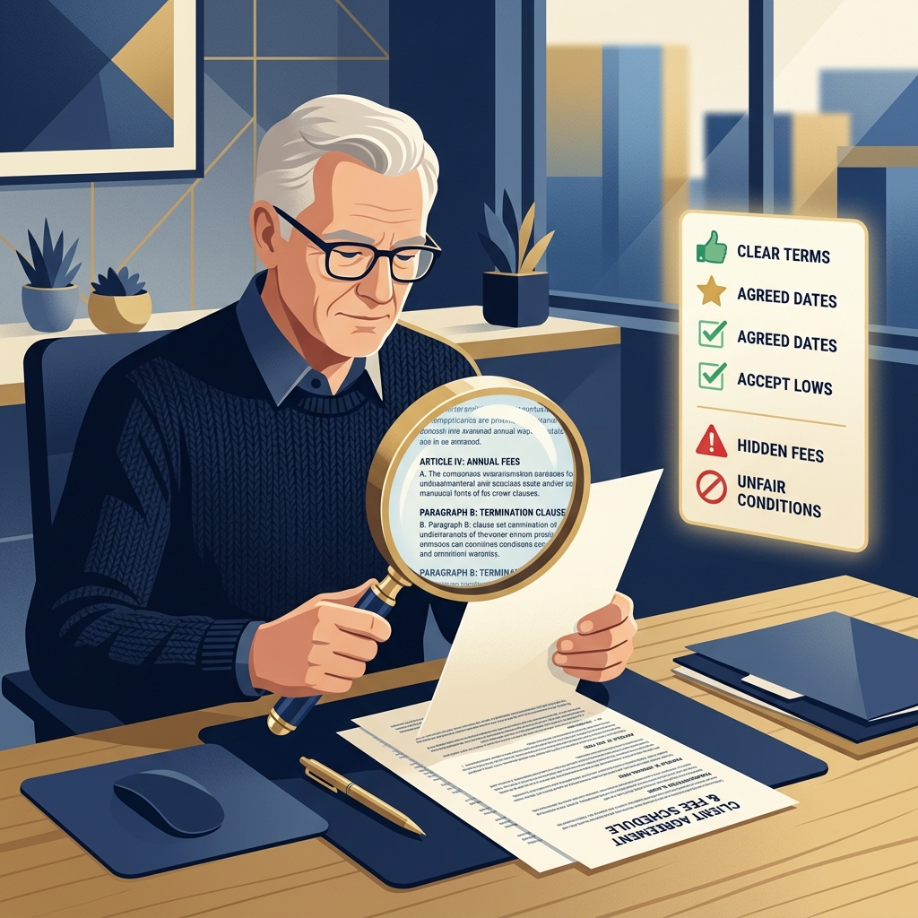 Retiree reading a prop firm contract with a magnifying glass