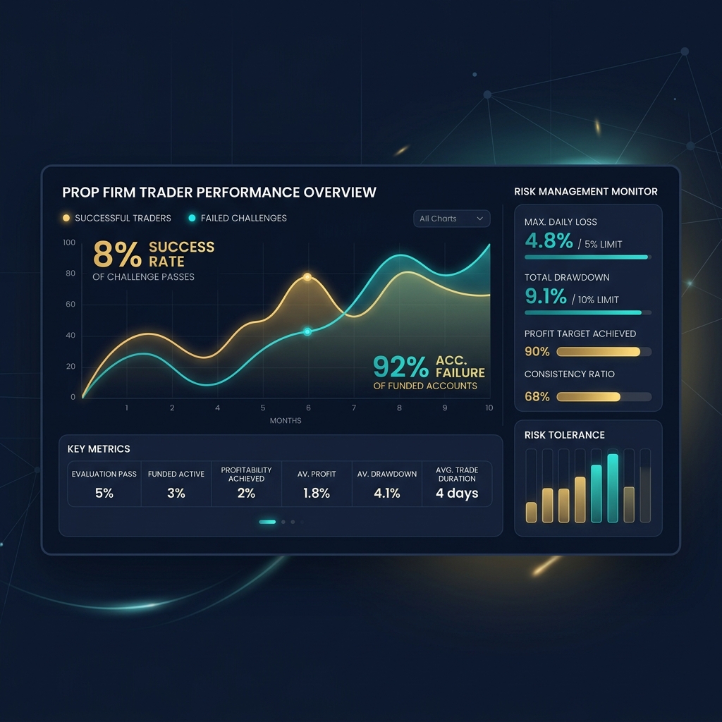 Prop Firm Trader Performance Overview data dashboard displaying success and failure statistics