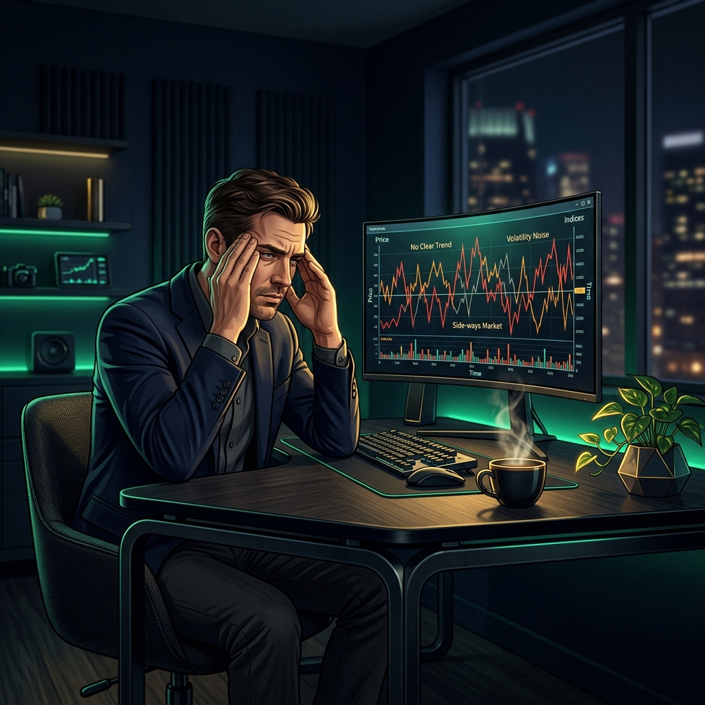 A stressed trader rubbing his temples in a dark office, looking at a choppy, sideways market chart on his screen.