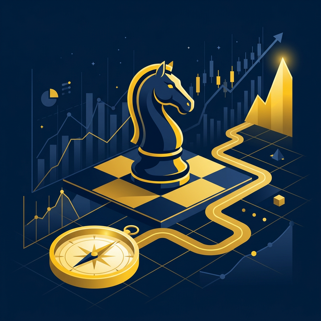 A knight chess piece and a golden compass on a financial chart grid, representing strategic precision.
